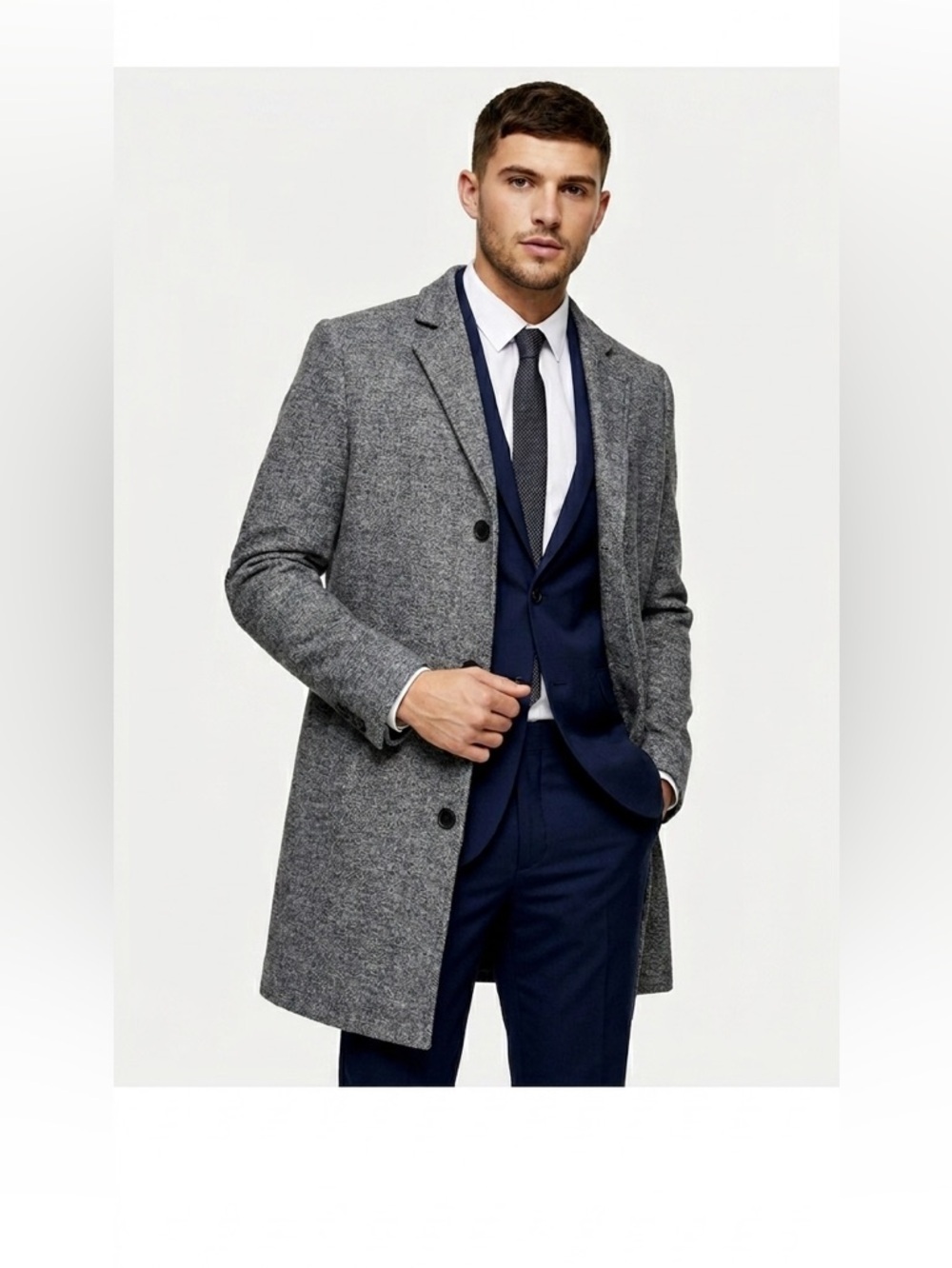 Topman Grey Textured Wool Overcoat Slim Fit Formal Dress Coat Men’s Medium